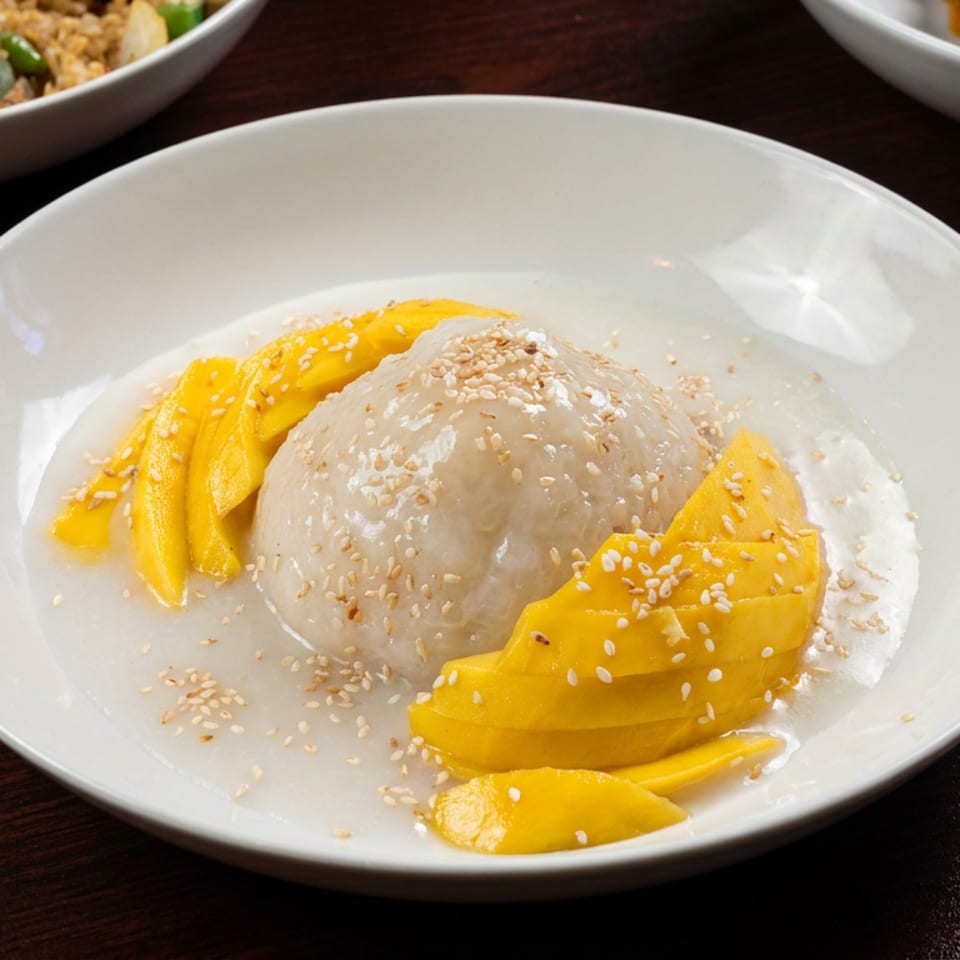 Sticky rice with sliced ripe mango, coconut cream, and sesame seeds served on a white plate.