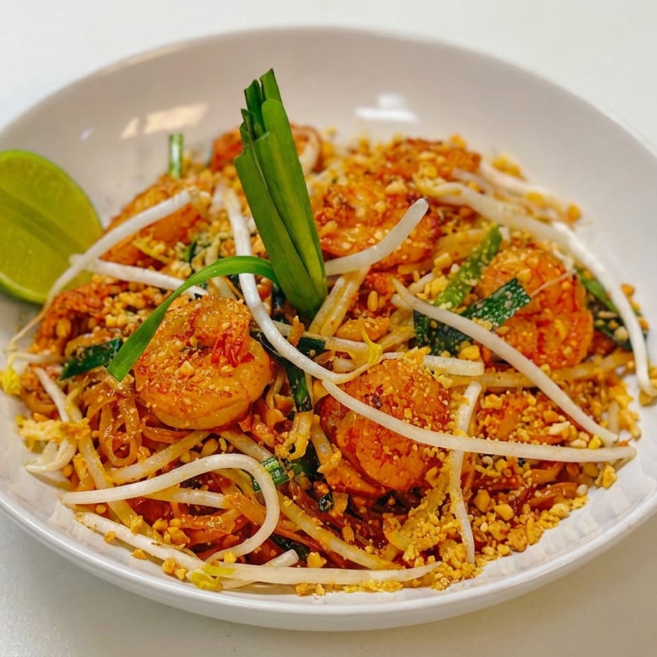 Pad Thai noodles with shrimp, bean sprouts, crushed peanuts, green onions, and lime wedge on a white plate.