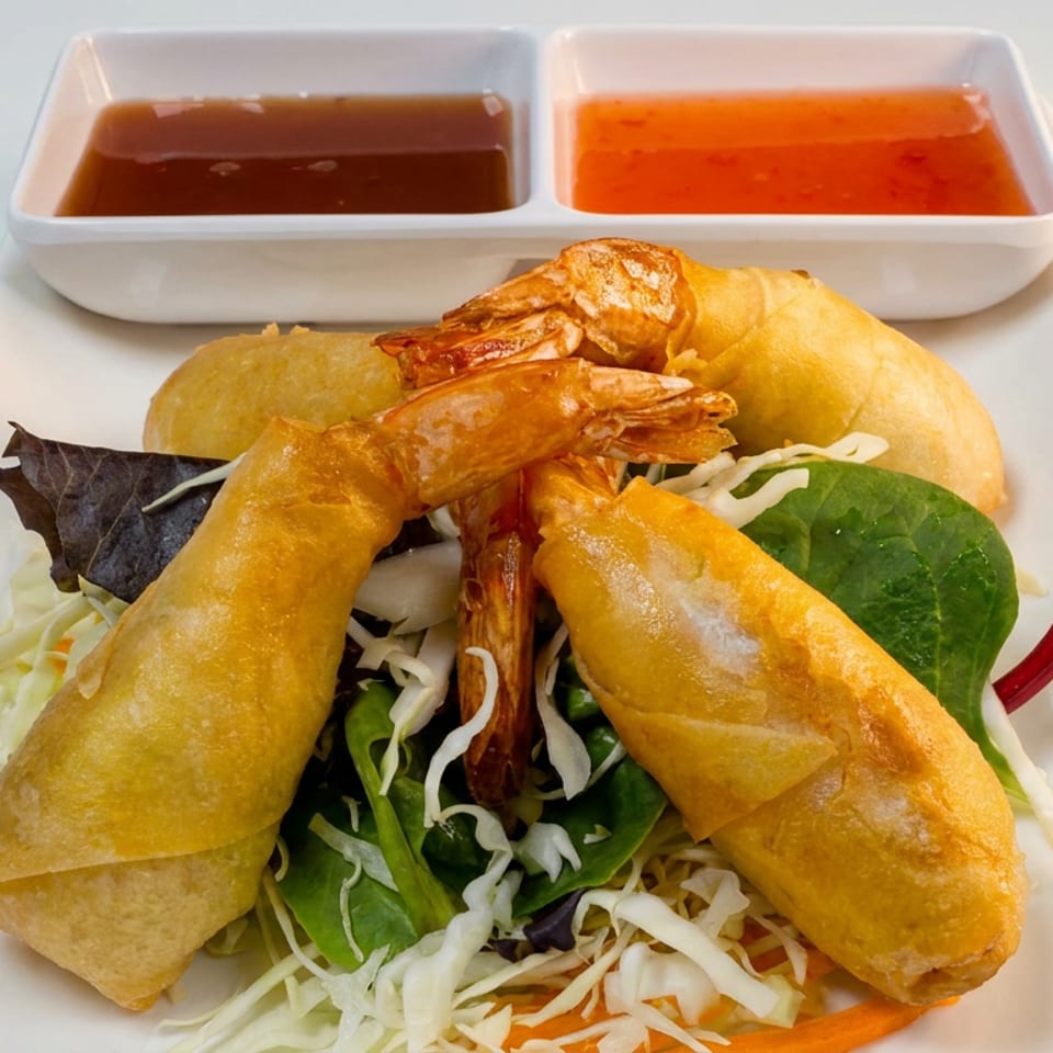 Crispy shrimp spring rolls and fried shrimp served over mixed greens with dark and sweet chili dipping sauces.