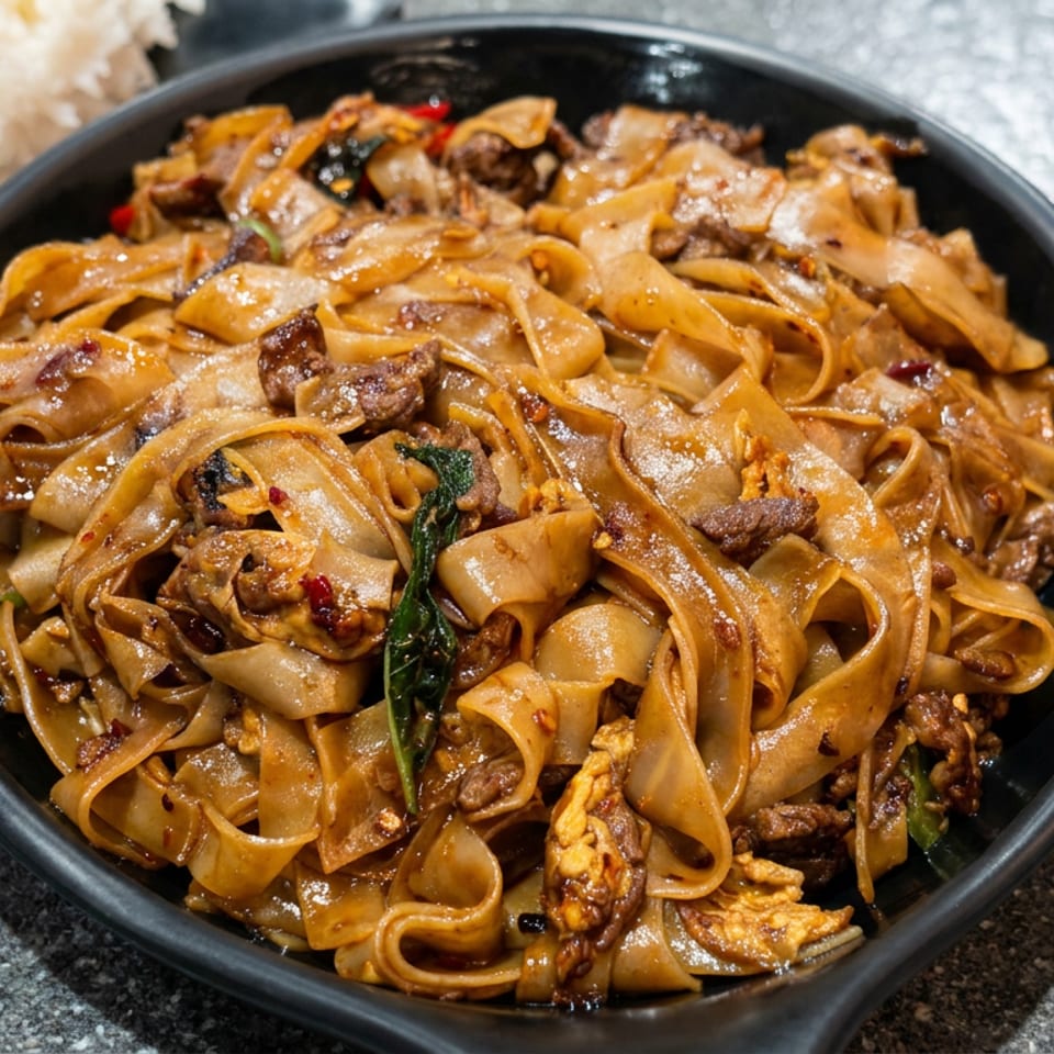 Black bowl of glossy wide stir-fried noodles with meat, vegetables, chili, and basil, served beside white rice.